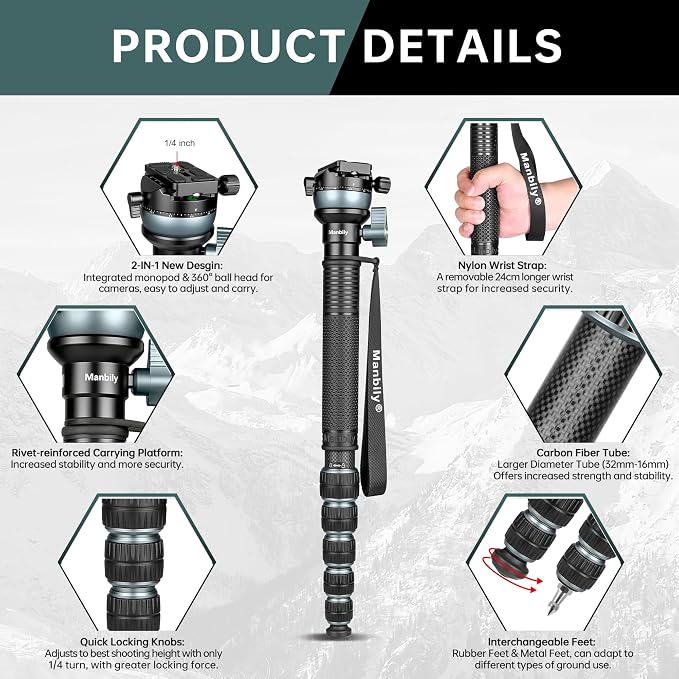 Manbily Camera Monopod with 360° Ball Bowl Head and 1/4inch Arca-Swiss Quick - Image 5