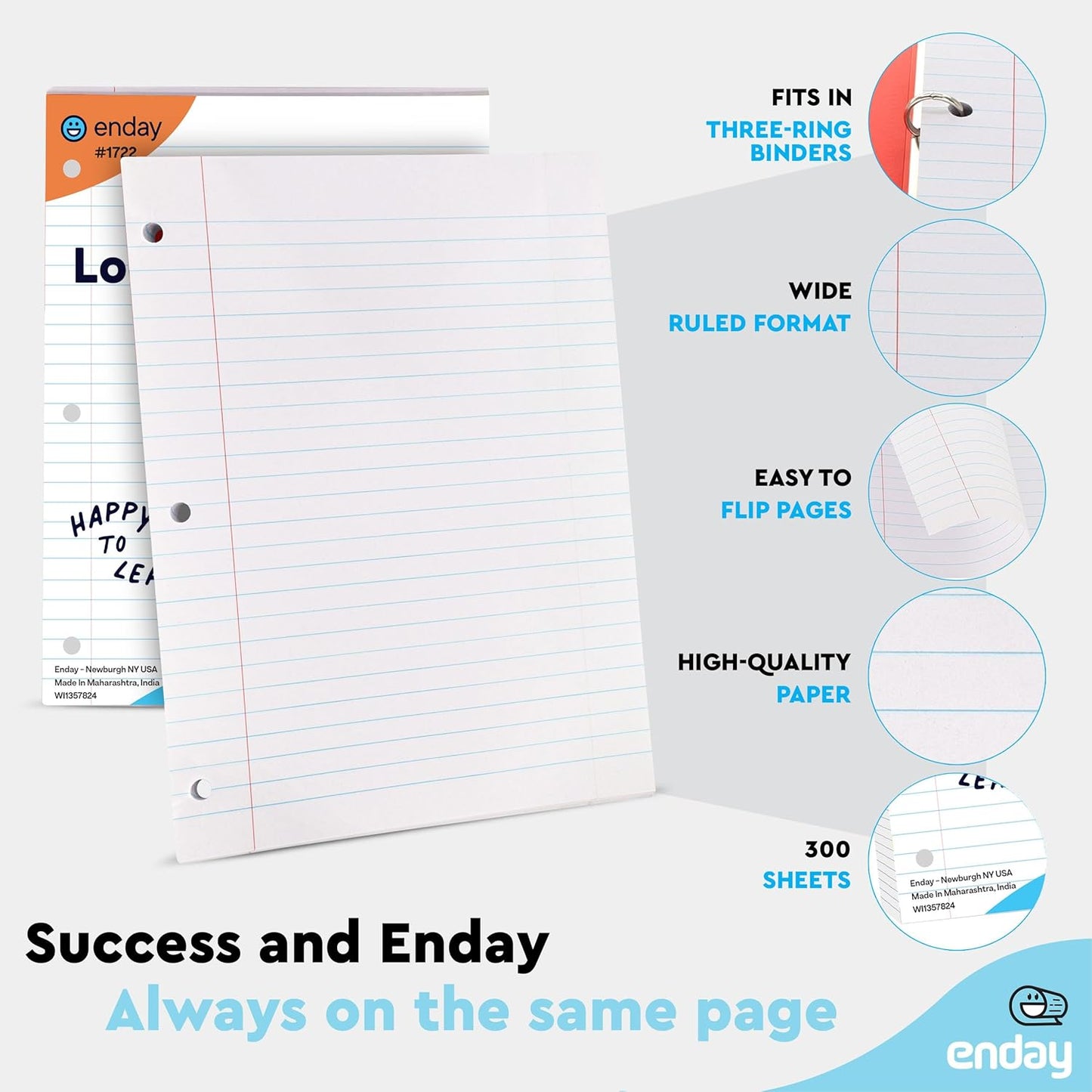 Loose Leaf Paper Wide Ruled Notebook Paper, 8" x 10.5" Filler Paper White, 3 Hole Punched Binder Paper for 3 Ring Binders, Lined Paper 150 Sheets Per Pack (2 Pack) - By Enday