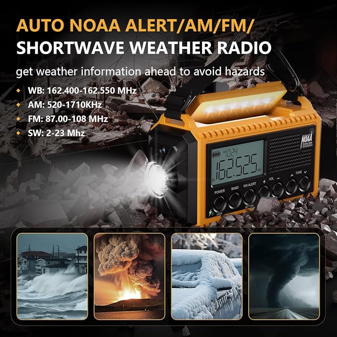 Emergency Radio12000mAh, Weather Radio 6 Ways Powered, Solar Hand Crank Radio - Image 7