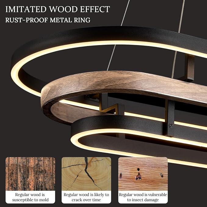 3 Ring LED Chandelier Black Rectangular Chandeliers 39in Wood Printed Oval - Image 3