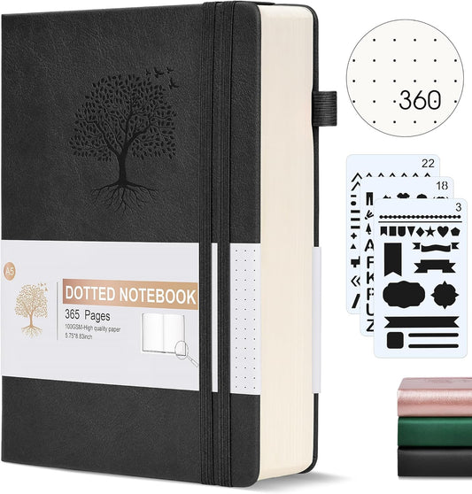 Dotted Journal Notebook, 360 Numbered Pages Bullet Dot Grid Journals,100gsm Dot Paper Thick Hardcover Leather Journal for Writing Women Men,A5 Dotted Grid Notebooks for Work 5.75" x 8.38" Black