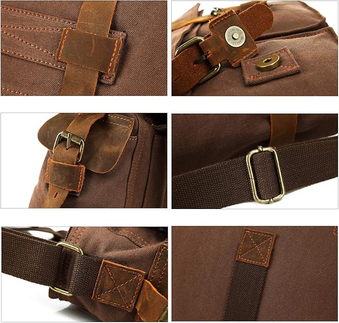 Sechunk Vintage Military Leather Canvas Laptop Bag Messenger Bags Medium - Image 5