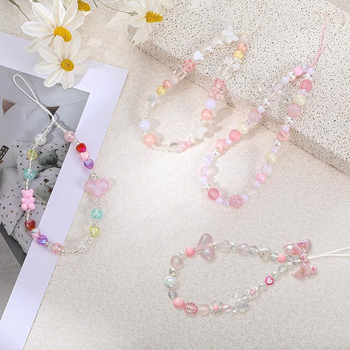 Pink Beaded Phone Wrist Straps, Y2K Phone Case Charms Camera Charm Strap - Image 4