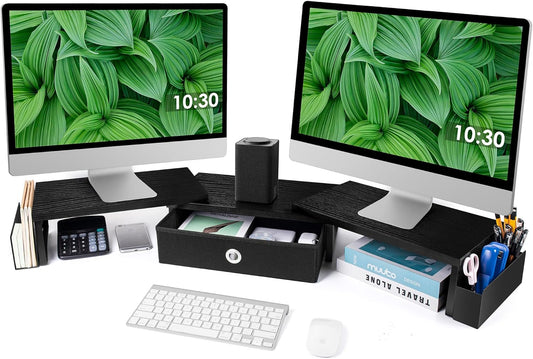 Dual Monitor Stand Riser w/ Drawer & Metal Leg, Large Computer Monitor Riser w/ Storage For 2 Monitors, Desk Shelf For Monitor w/ Adjustable Length & Angle, Desktop Organizer For Laptop/TV/Printer