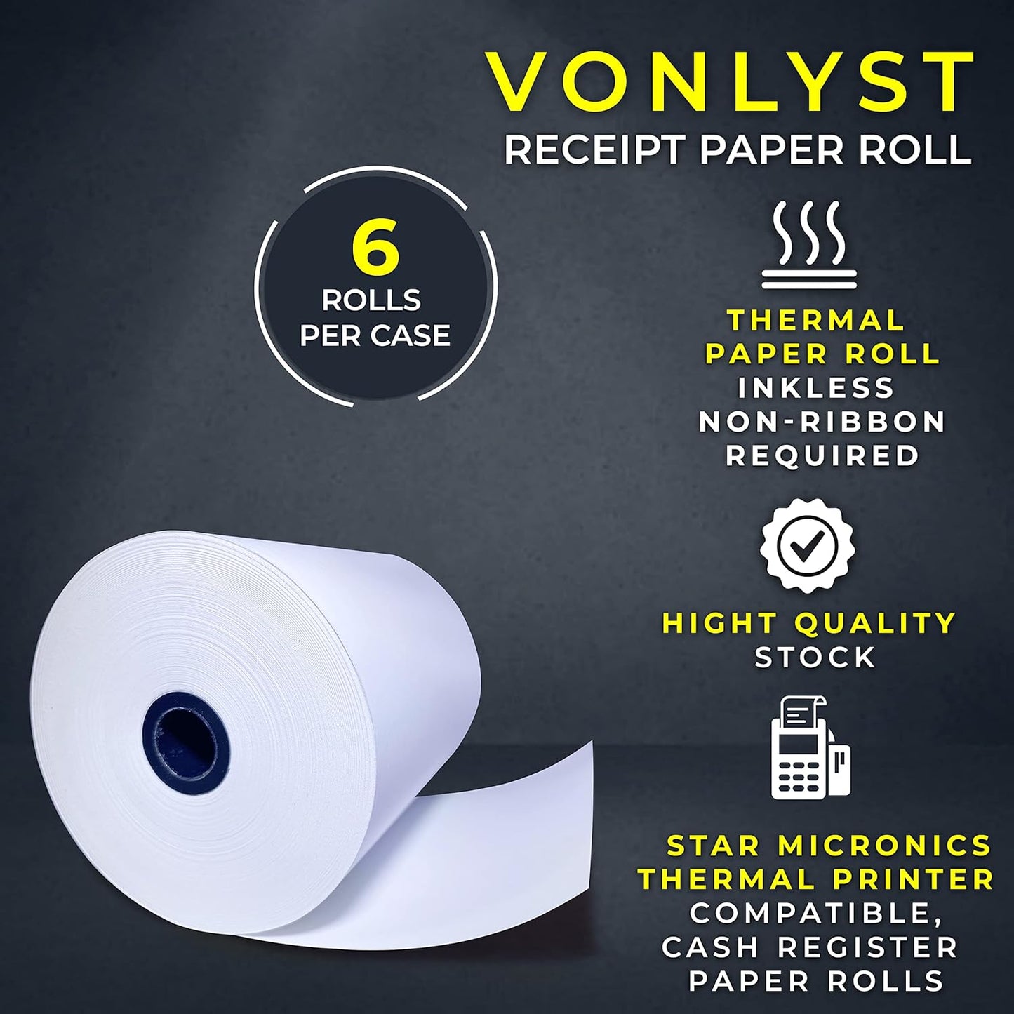 Receipt Paper Roll 3 1/8 x 230 for Square Register and Square POS System connected to Star Micronics Thermal Printer (Pack 06 rolls)