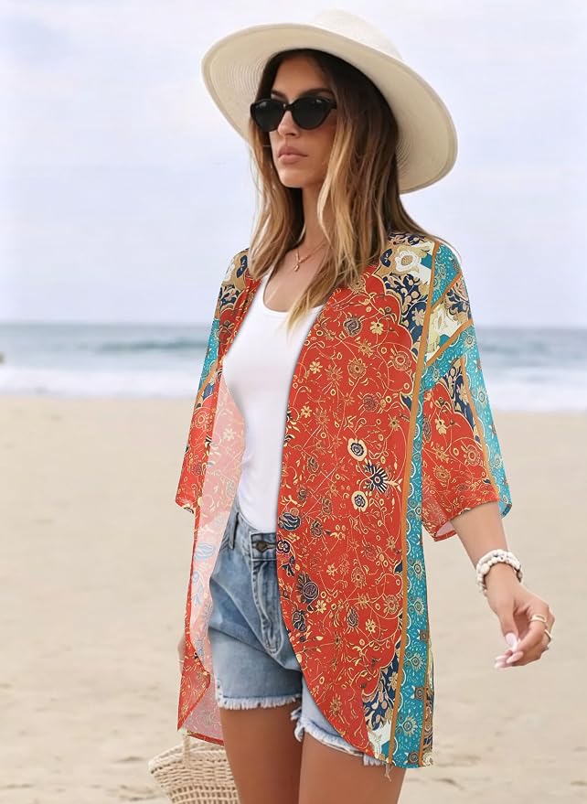 Women's Floral Print Puff Sleeve Kimono Cardigan Loose Cover Up Casual Blouse - Image 5