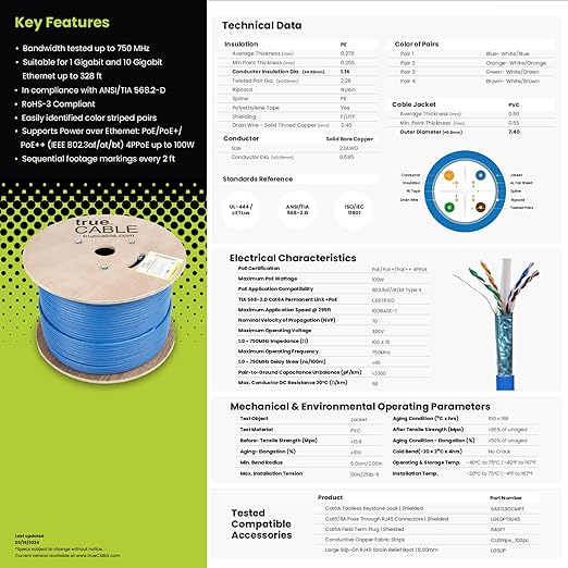 TRUE CABLE Cat6A Shielded Riser Bulk Ethernet Cable, 23AWG Solid Bare Copper - Image 6