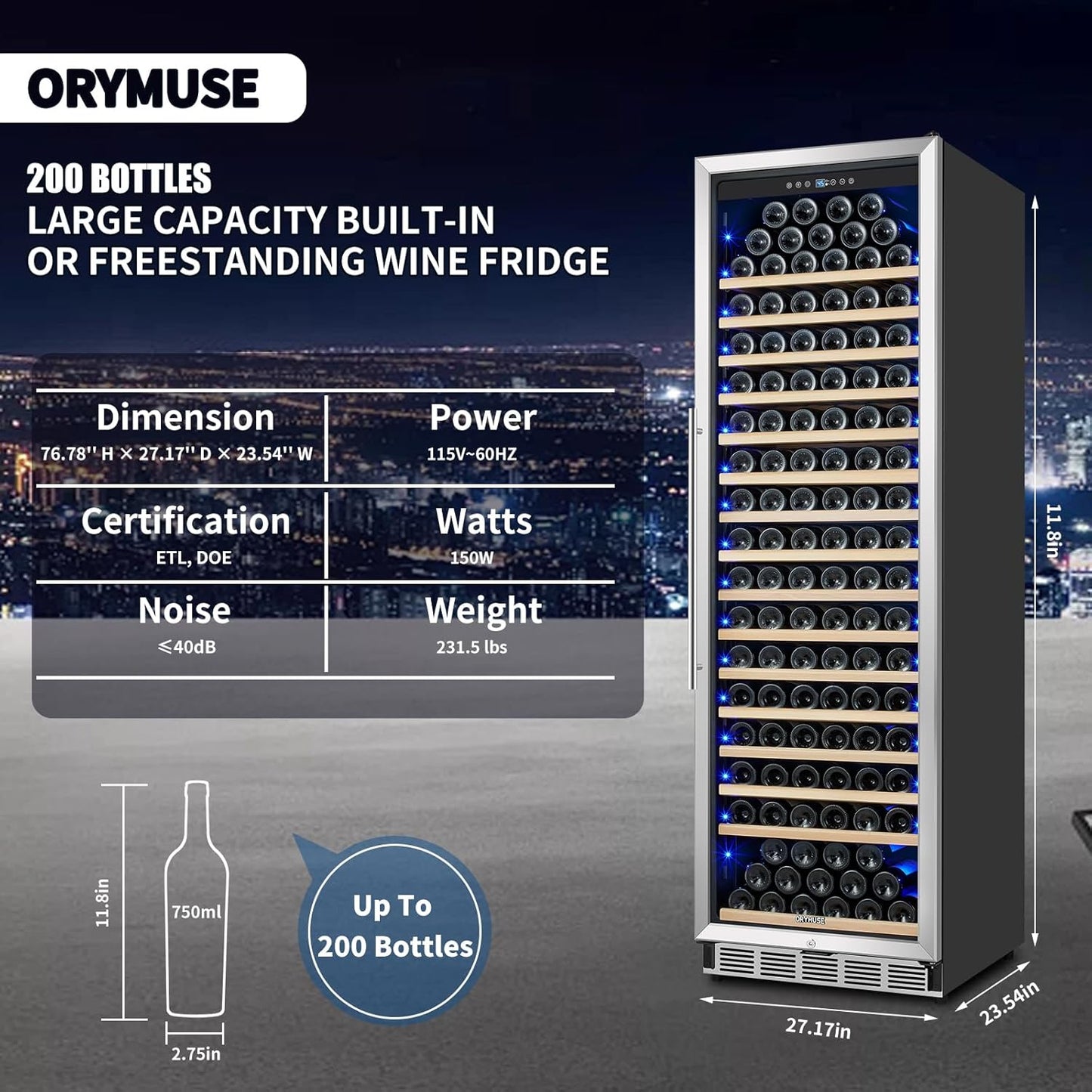 Large 200 Bottle Wine Fridge - 24 Inch Wine Cooler Refrigerator, Freestanding and Built-in Design, Upgraded Compressor Cooling, Intelligent Temperature Memory