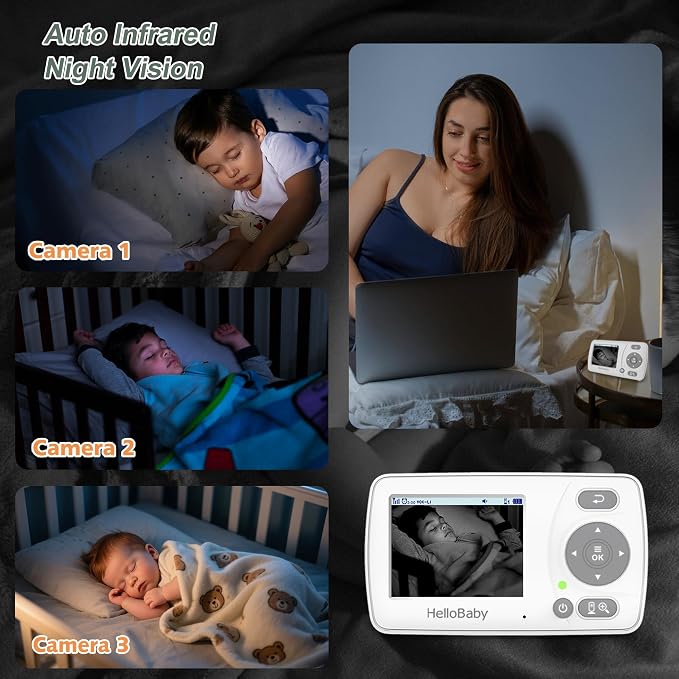 HelloBaby Monitor with 3 Cameras, 2.4'' Portable Travel Screen Baby Monitor No - Image 8