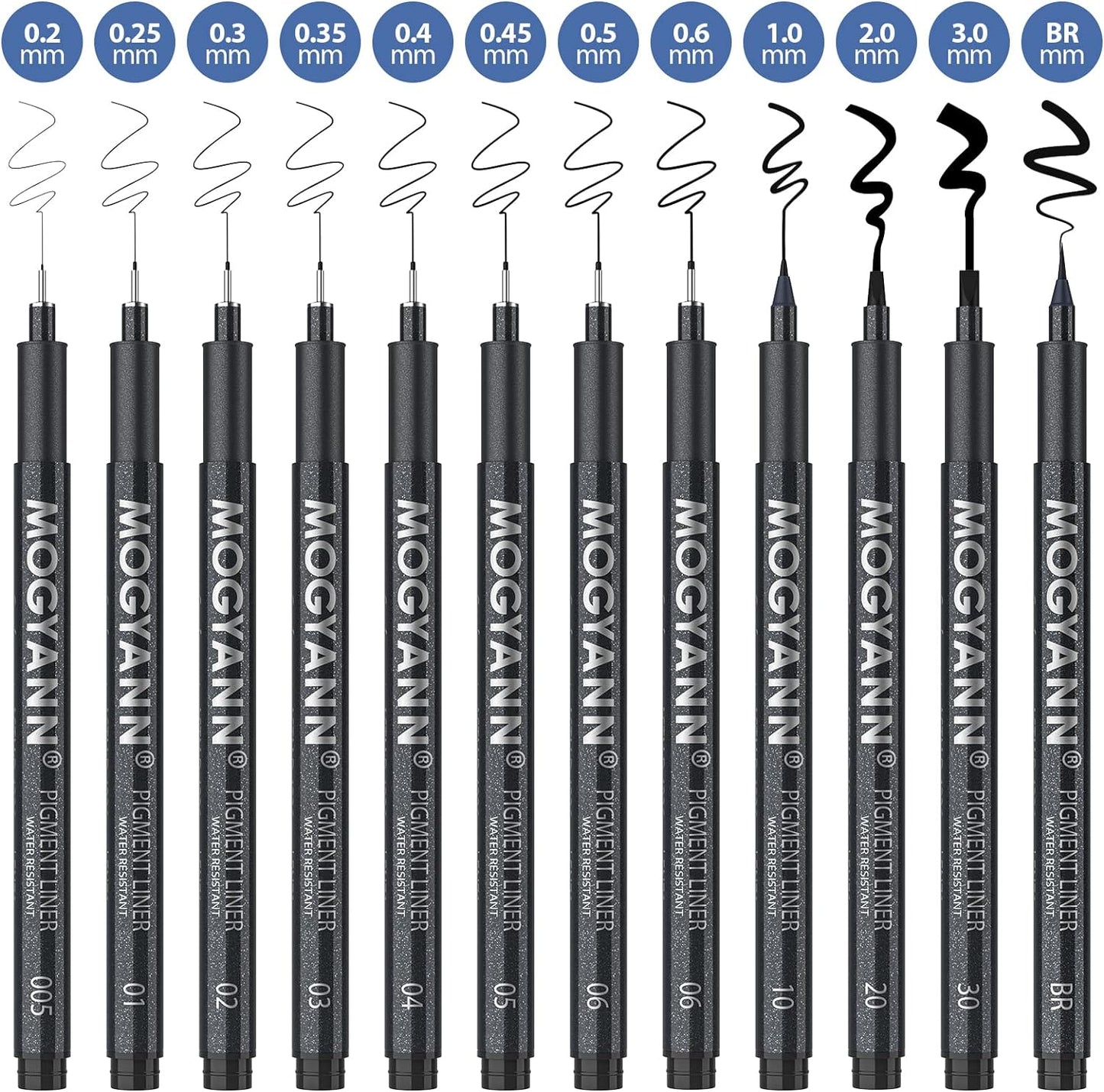 Mogyann Drawing Pens Black Art Pens for Drawing 12 Size Waterproof Ink Pens for Artists Sketching, Manga, Writing