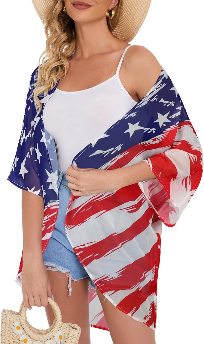Women's Floral Print Puff Sleeve Kimono Cardigan Loose Cover Up Casual Blouse - Image 4