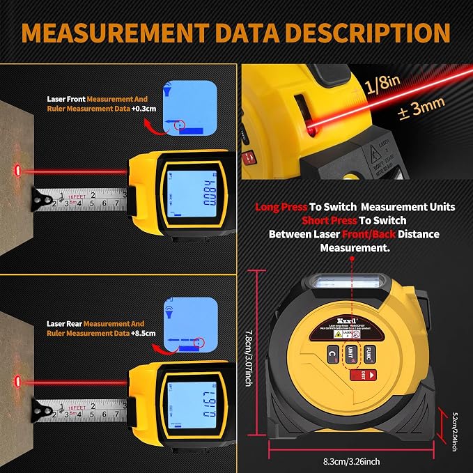 Laser Tape Measure 3 in 1 Laser Rangefinder Tape Measure 131ft Laser Measuring - Image 3