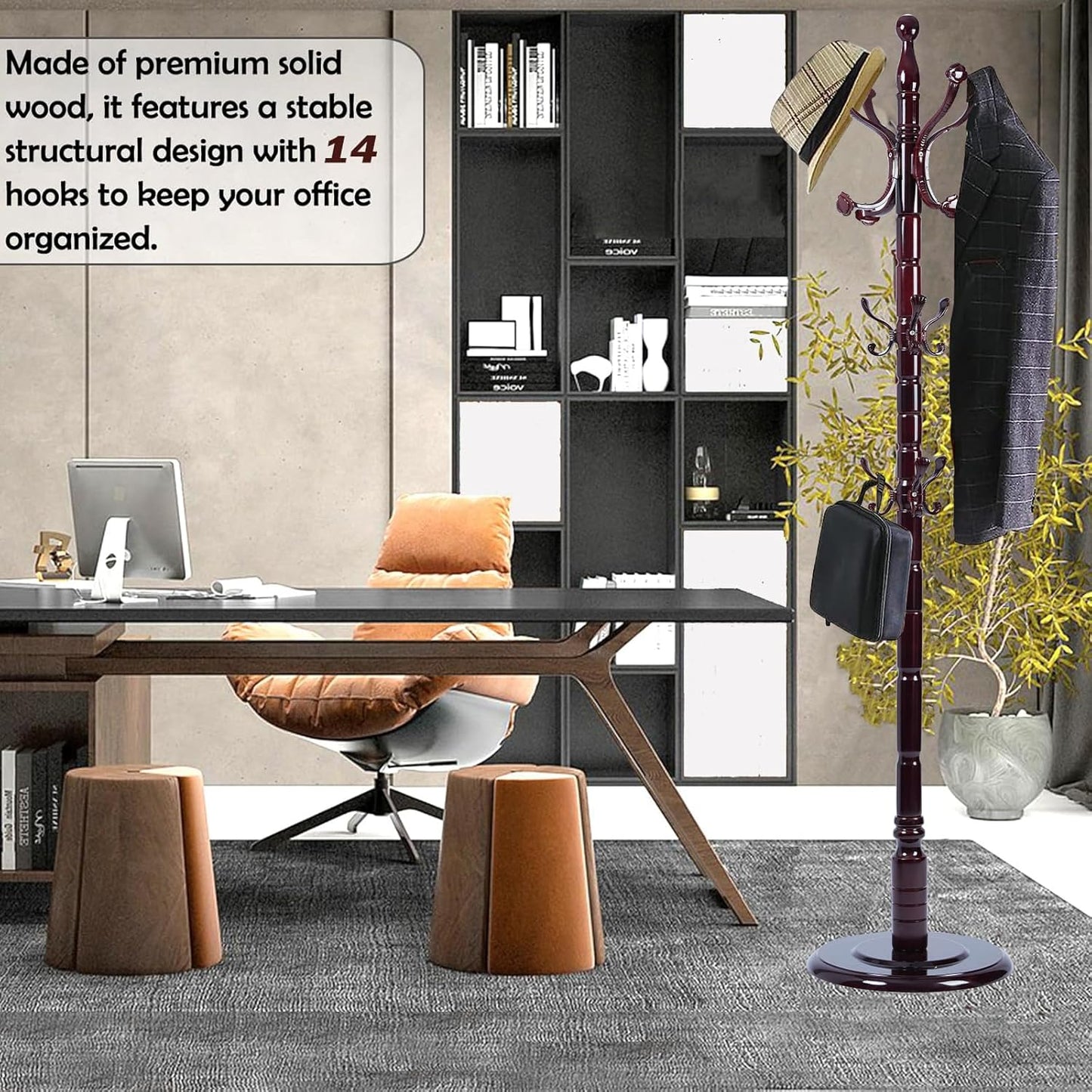 Coat Racks Free Standing with 14 Hooks, Natural Wood Coat Stands for Entryway, Adjustable Height 72 in Tree Coat Rack Stand for Hallway Home Office Bedroom (Mahogany Ruyi)