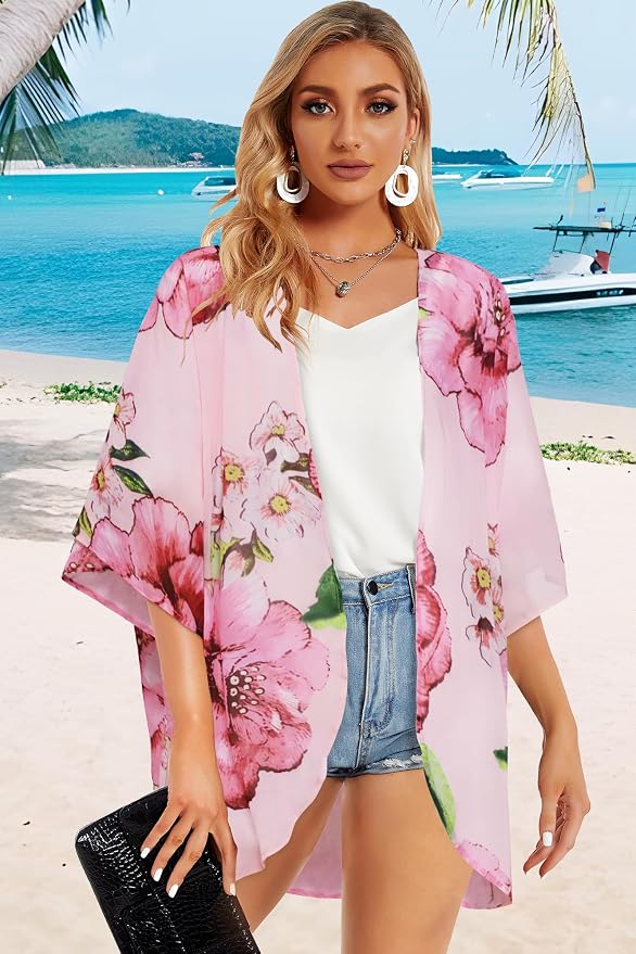 Women's Floral Print Puff Sleeve Kimono Cardigan Loose Cover Up Casual Blouse - Image 4