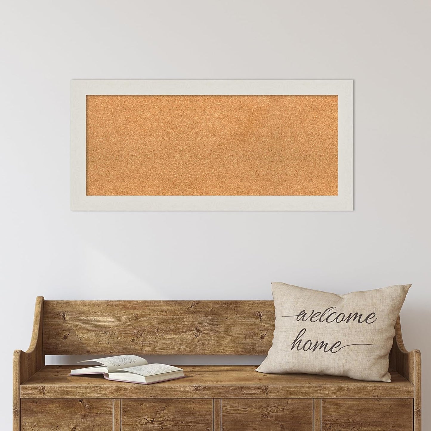 Amanti Art Natural Cork Board for Wall, 17x37 Vision Board with White Frame, Medium Corkboard Office Decor for Home Organization, Country Rustic Corkboard Pinboard to Display Items for Home
