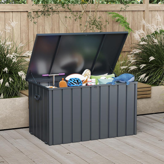 Domi Deck Box 160 Gallon, Waterproof Lockable Steel Outdoor Storage Container for Outside Cushions, Garden Tools and Pools Equipment, Gray