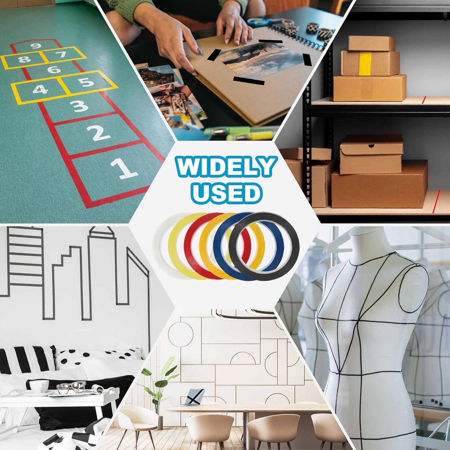MECCANIXITY Whiteboard Tape 1/4" x 72 Yard Pinstripe Graphic Chart Line Grid Marking Tapes for Classroom Office Dry Erase Board Art, Black, Pack of 5