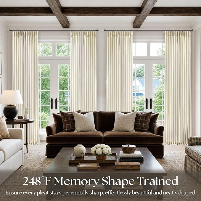Cream Beige Pinch Pleated Linen Curtains 105 Inch 4 Panels Set - Image 7