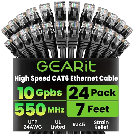 GEARit Cat 6 Ethernet Patch Cables 7 ft Black, CAT6 High Speed 24AWG 10Gbps by GEARit