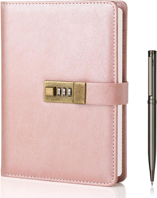 WEMATE Diary with Lock, A5 PU Leather Journal with Lock 240 Pages, Vintage Locks Journal Password Notebook with Pen, Locks Diary Planner Organizer for Men and Women, 8.6x5.8in