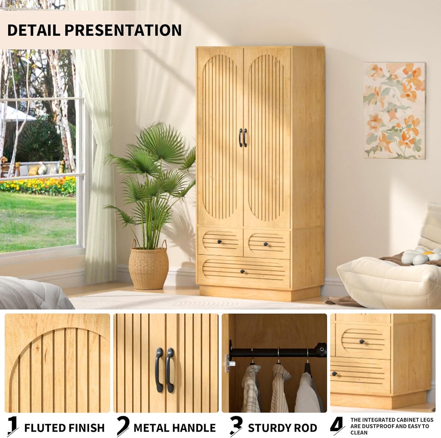 Wood Armoire Wardrobe Closet with Doors, Fluted Wardrobe Cabinet with 3 Drawers, Large Armoire Closet, Tall Clothing Storage Cabinet with Hanging Rod and Shelves, for Bedroom, Laundry, Natural