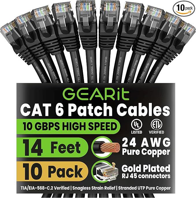 GEARit Cat 6 Ethernet Patch Cable 14 ft Black Cat6 Patch Cables 14ft by GEARit