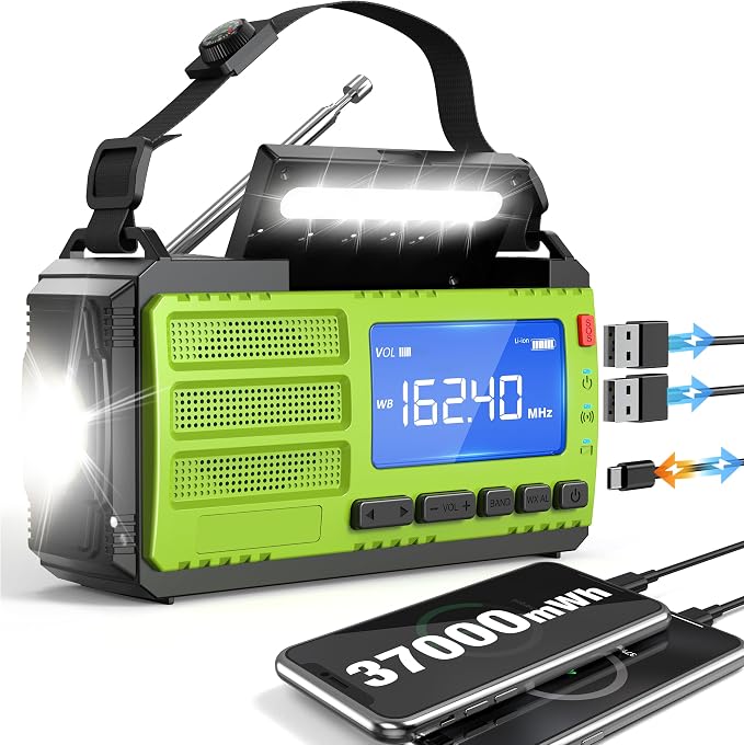 10000mAh/37000mWh Hand Crank Emergency Radio, AM FM NOAA Weather Alert Radio by RYCHI