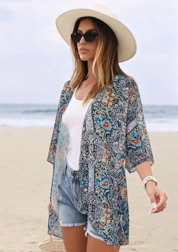 Women's Floral Print Puff Sleeve Kimono Cardigan Loose Cover Up Casual Blouse - Image 5