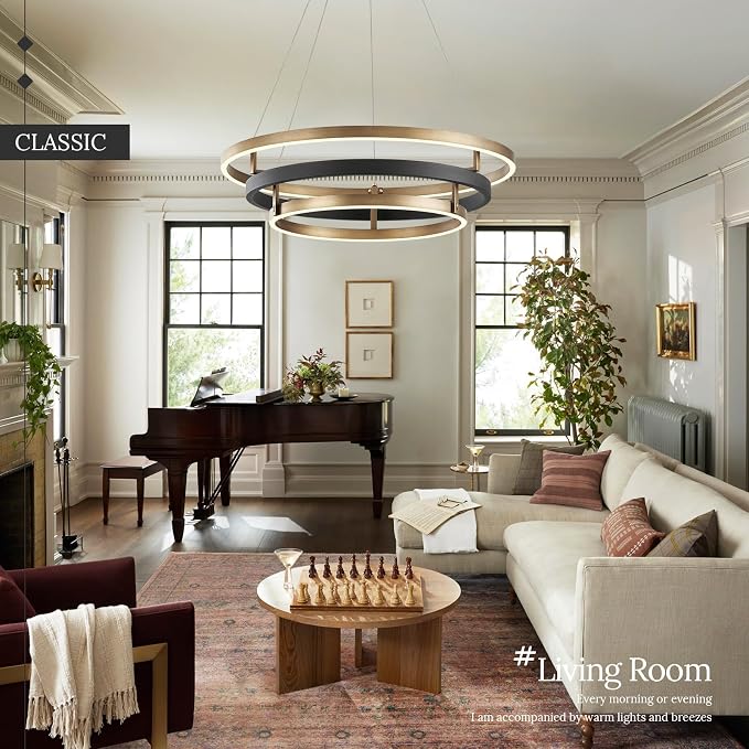 3 Ring LED Chandelier Black Gold Chandelier Light Fixture Dimmable Round Foyer - Image 4