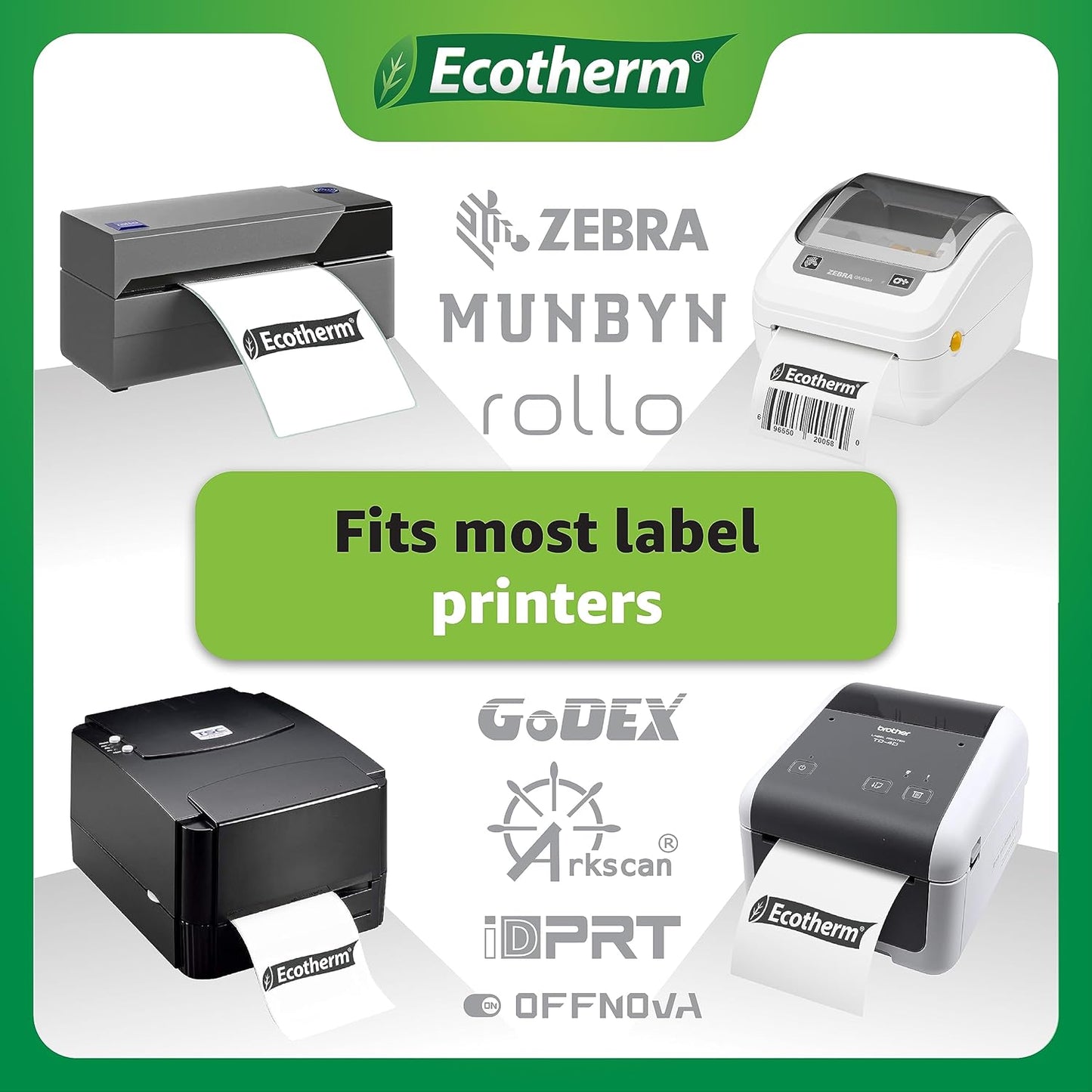 4" x 3" Thermal Labels | 4 Rolls | 2100 Labels | fits Zebra, Munbyn, Rollo, Godex, Arkscan, iDPRT, Offnova Thermal Label Printers and More | Blank White Adhesive Stickers by Ecotherm
