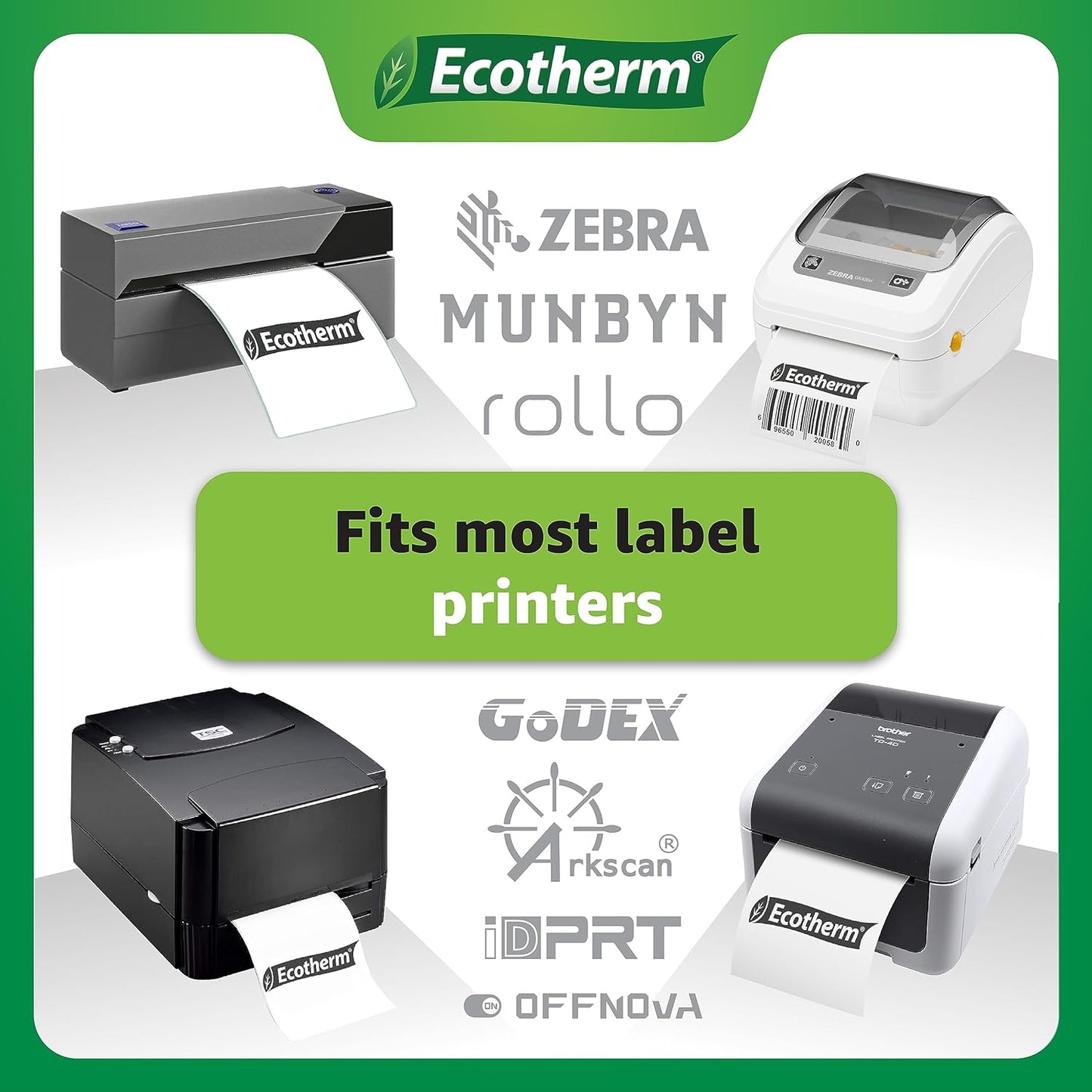 2.25" x .5" Thermal Labels | 6 Rolls | 25200 Labels | fits Zebra, Munbyn, Rollo, Godex, Arkscan, iDPRT, Offnova Thermal Label Printers and More | Blank White Adhesive Stickers by Ecotherm