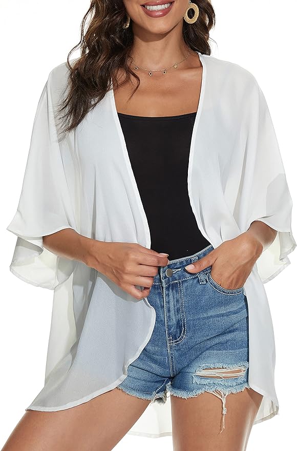 Women's Floral Print Puff Sleeve Kimono Cardigan Loose Cover Up Casual Blouse by CHICGAL