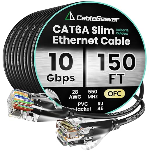 CableGeeker CAT6A Slim Ethernet Cable 150FT, 10Gbps 550MHz High Speed Network by CableGeeker