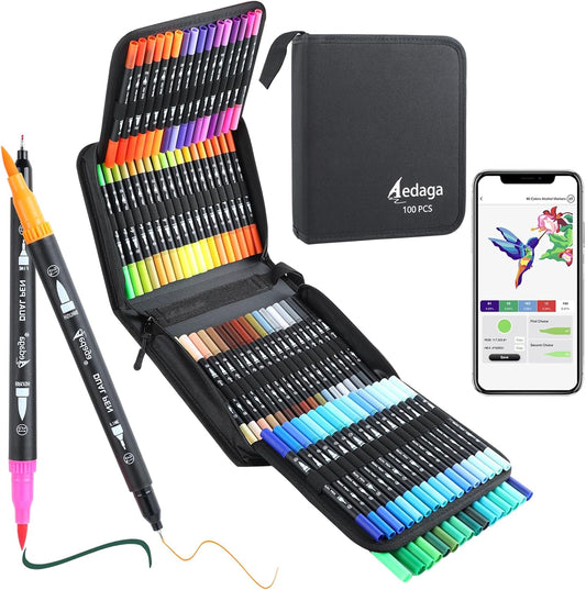 100 Colors Numbered Dual Tip Brush Pens with Free App, Fine and Brush Tips Pens for Adults and Kids, Coloring Markers for Coloring Book Bullet Journaling Note Taking Planner Hand Lettering