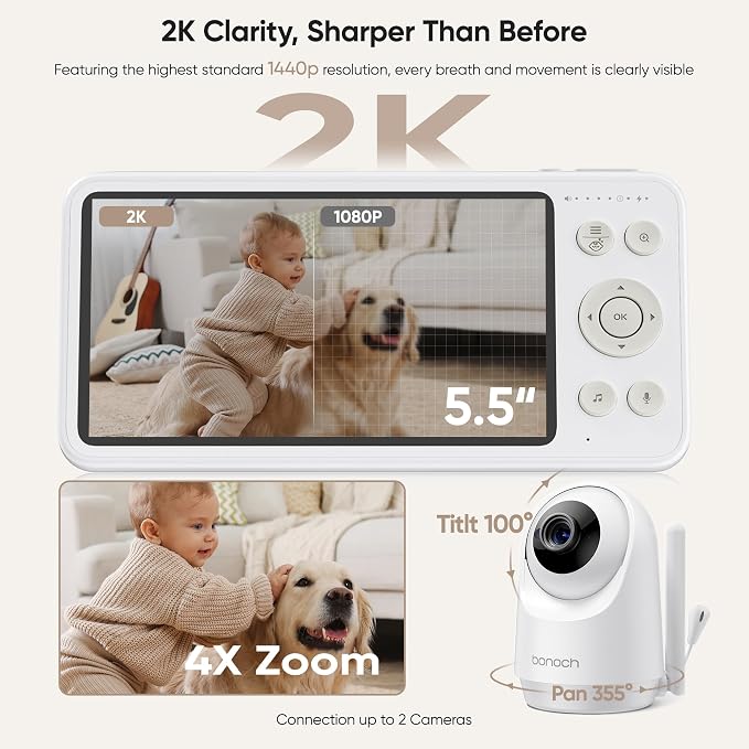 bonoch 2K Baby Monitor with 2 Cameras, 5.5" Split Screen Dual Video Monitor - Image 2