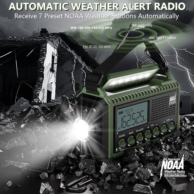 NOAA Emergency Radio with Auto Weather Alerts - 12000mAh Solar Hand Crank - Image 8
