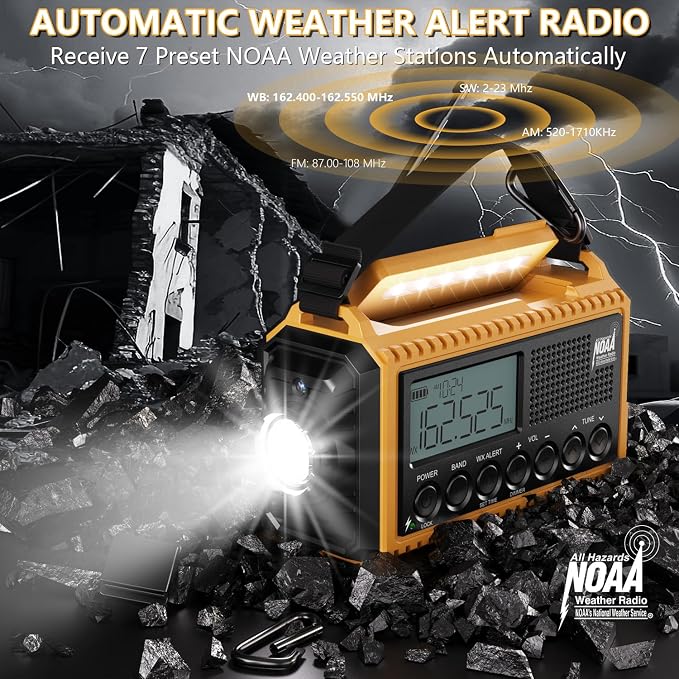 Emergency Radio12000mAh, Weather Radio 6 Ways Powered, Solar Hand Crank Radio - Image 9