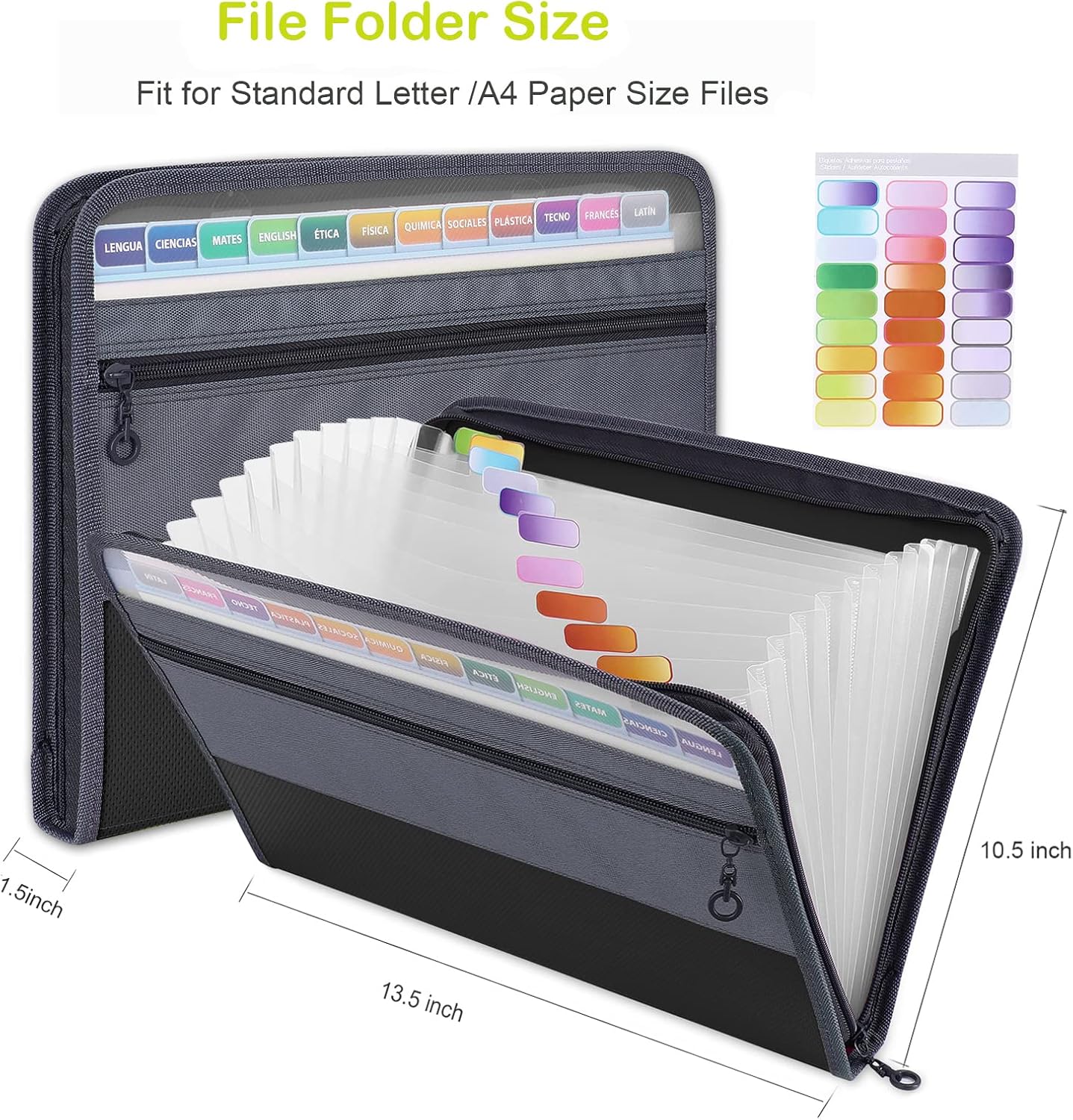 MEGREZ Expanding File Folder with 13 Pockets, 2 Pack A4 Paper File Folder with Zipper Color Labels, Waterproof Accordion File Folder Organizer for Home Office, Black(2 Pack)