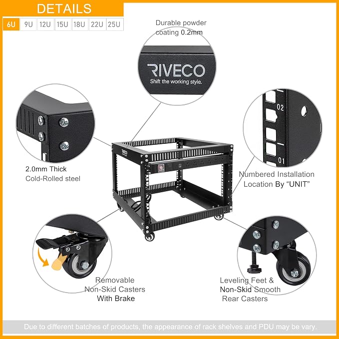 RIVECO 6U Server Rack with Wheels Open Frame Networking Rack+ PDU 8 Outlets Set - Image 4