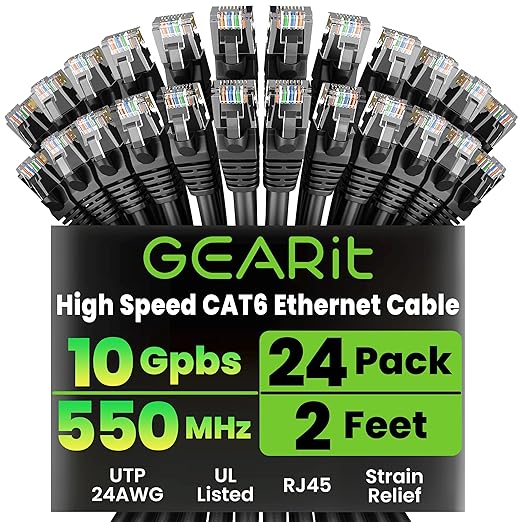 GEARit Cat 6 Ethernet Patch Cables 2 ft Black, CAT6 High Speed 24AWG 10Gbps by GEARit