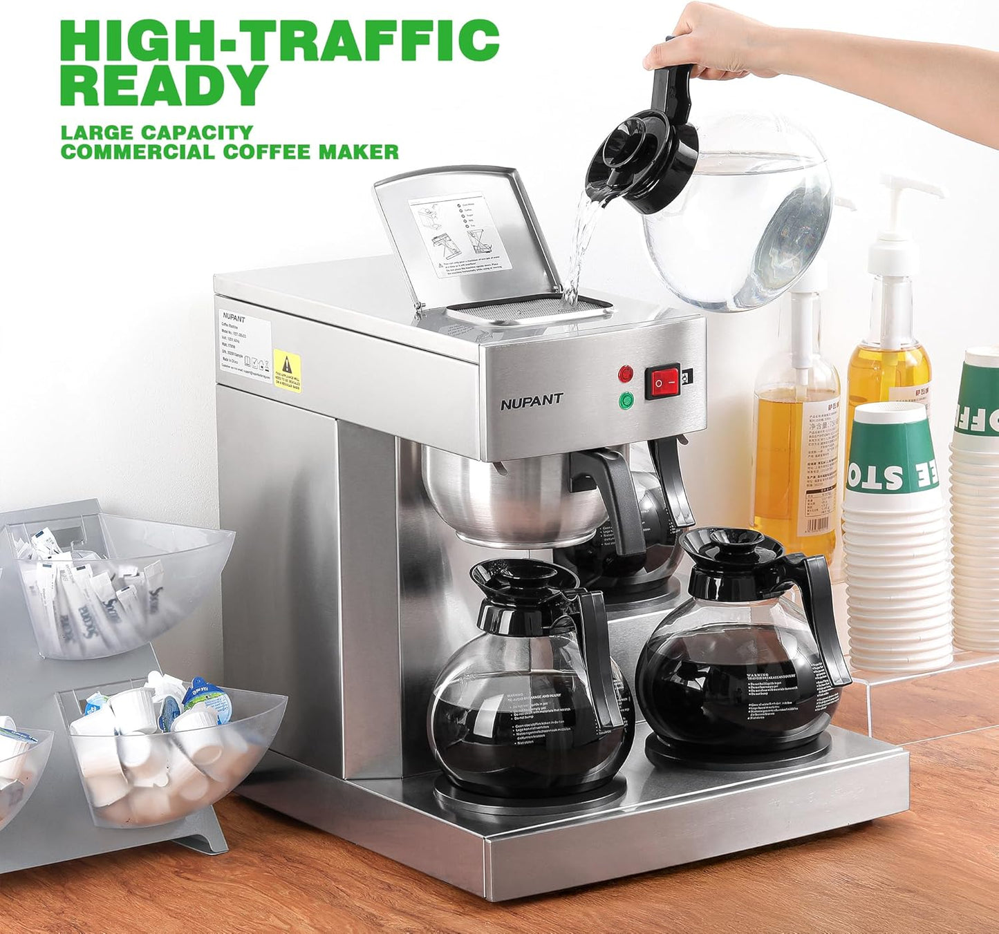 12 Cup Commercial Coffee Maker, Drip Coffee Maker Machine with 3 Warmers Plate and 3 Glass Decanters, Stainless Steel Pour Over Commercial Coffee Brewer for Restaurant, Office, Cafe Use