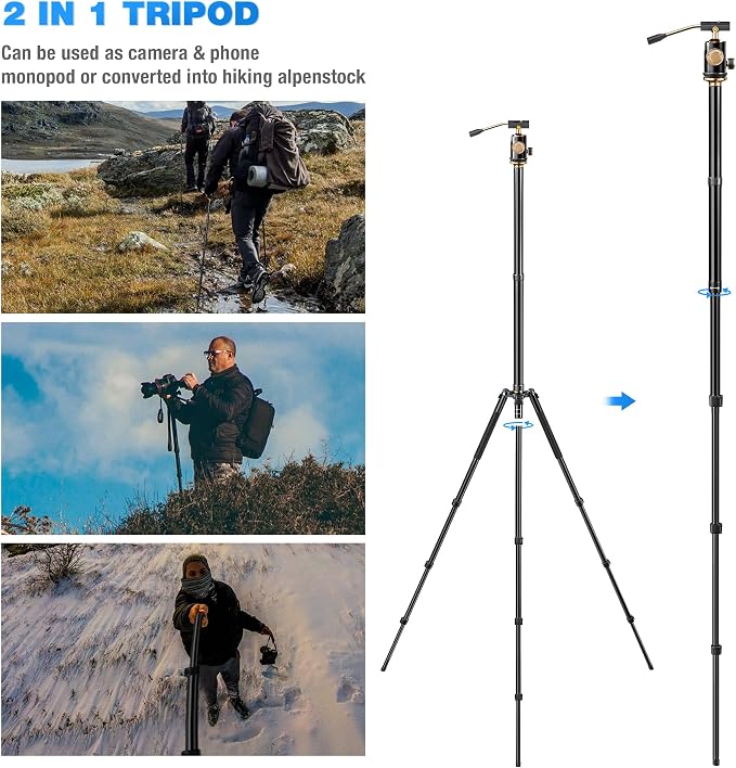 YoTilon Tripod for camera 77.2'', Aluminum Camera Tripod & Monopod - Image 6