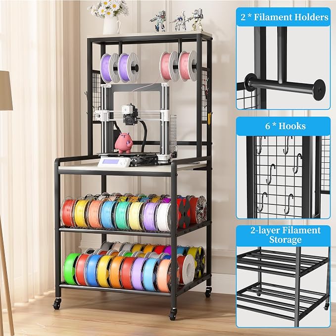 kepptory 3D Printer Stand with Power Outlet, Rolling Storage Cart w/Filament - Image 5