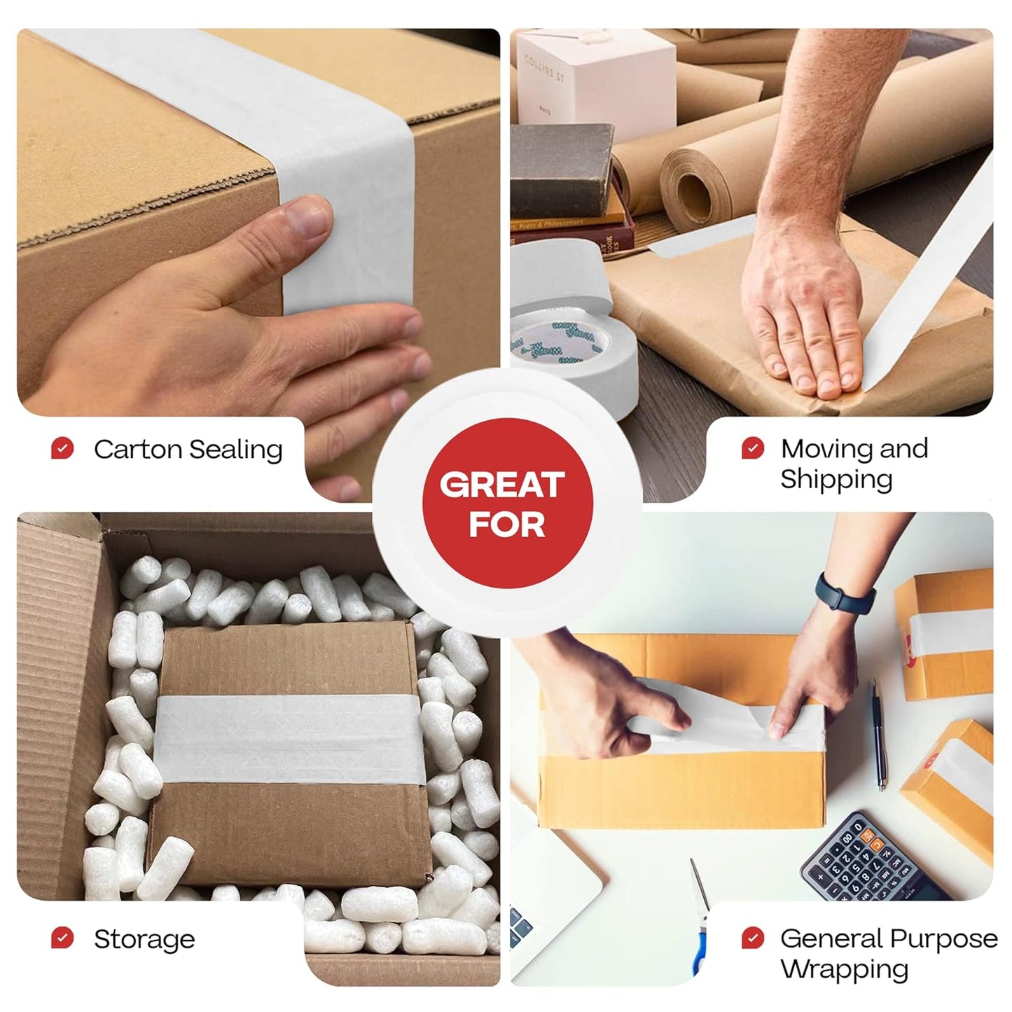 IDL Packaging 3" x 375 feet Reinforced Water-Activated Kraft Gummed Tape 70lb Thickness (Pack of 4) - Secure Paper Packing Tape for Secure Carton Sealing - Heavy-Duty for All Conditions, White