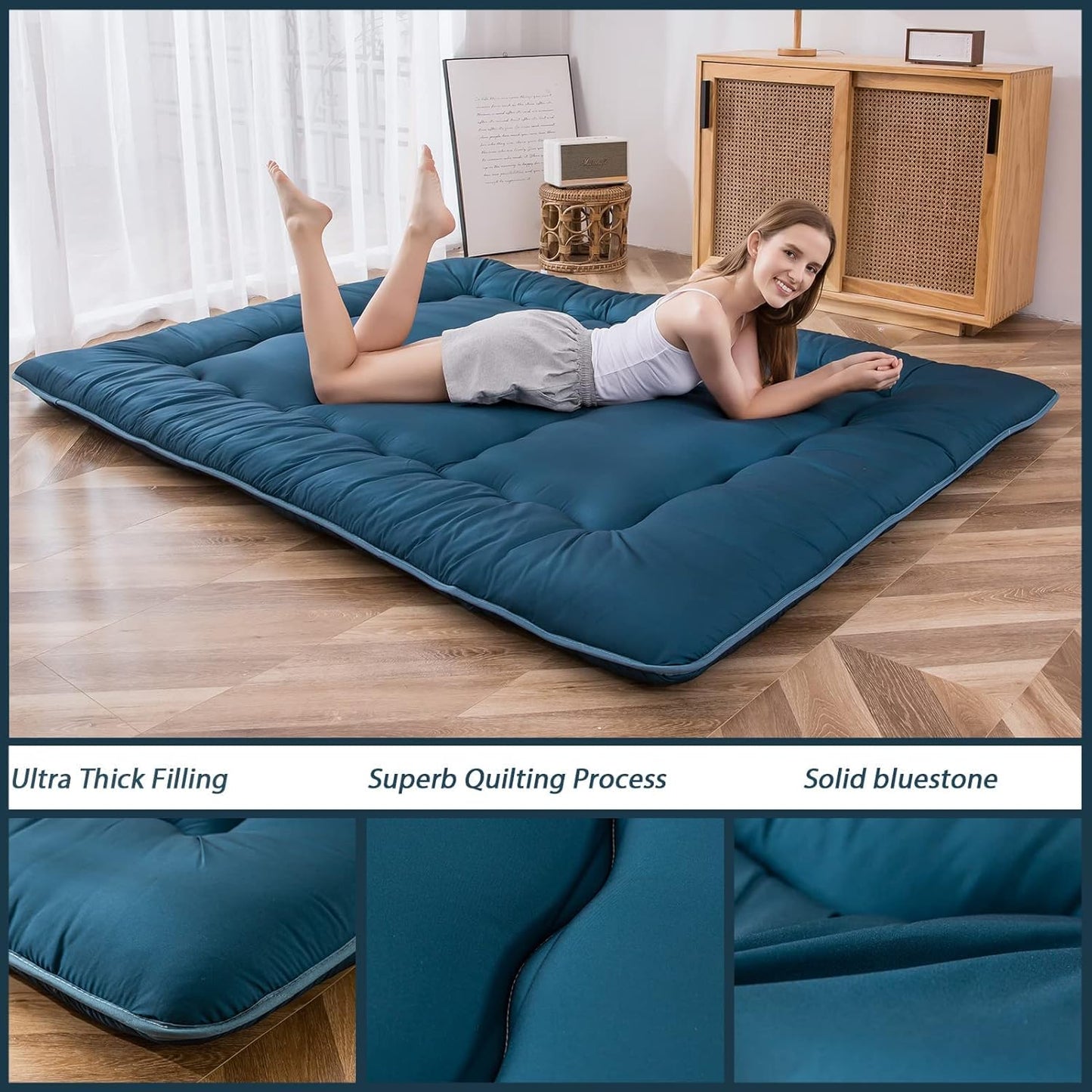 MAXYOYO Japanese Floor Mattress Futon Mattress, Thicken Sleeping Pad Foldable Roll Up Floor Futon for Adults Tatami Mat Dormitory Bed Lounger, Bluestone, Full Size