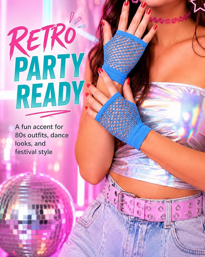 Seeksmile Women's Girls 80's Theme Party Emo Fingerless Arm Fishnet Gloves - Image 4
