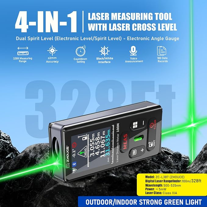ZC-L387 Laser Measuring Tool 328Ft /100m Dual Green Laser Rangefinder Green - Image 2