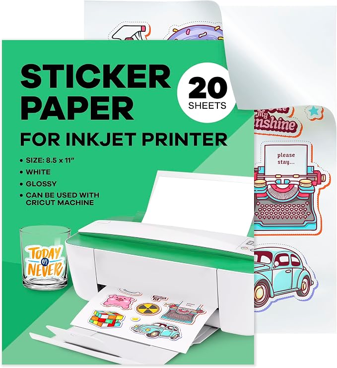 Sticker Paper for Inkjet Printer -, 8.5 x 11" Letter Size, Glossy White Vinyl by PaperPlan