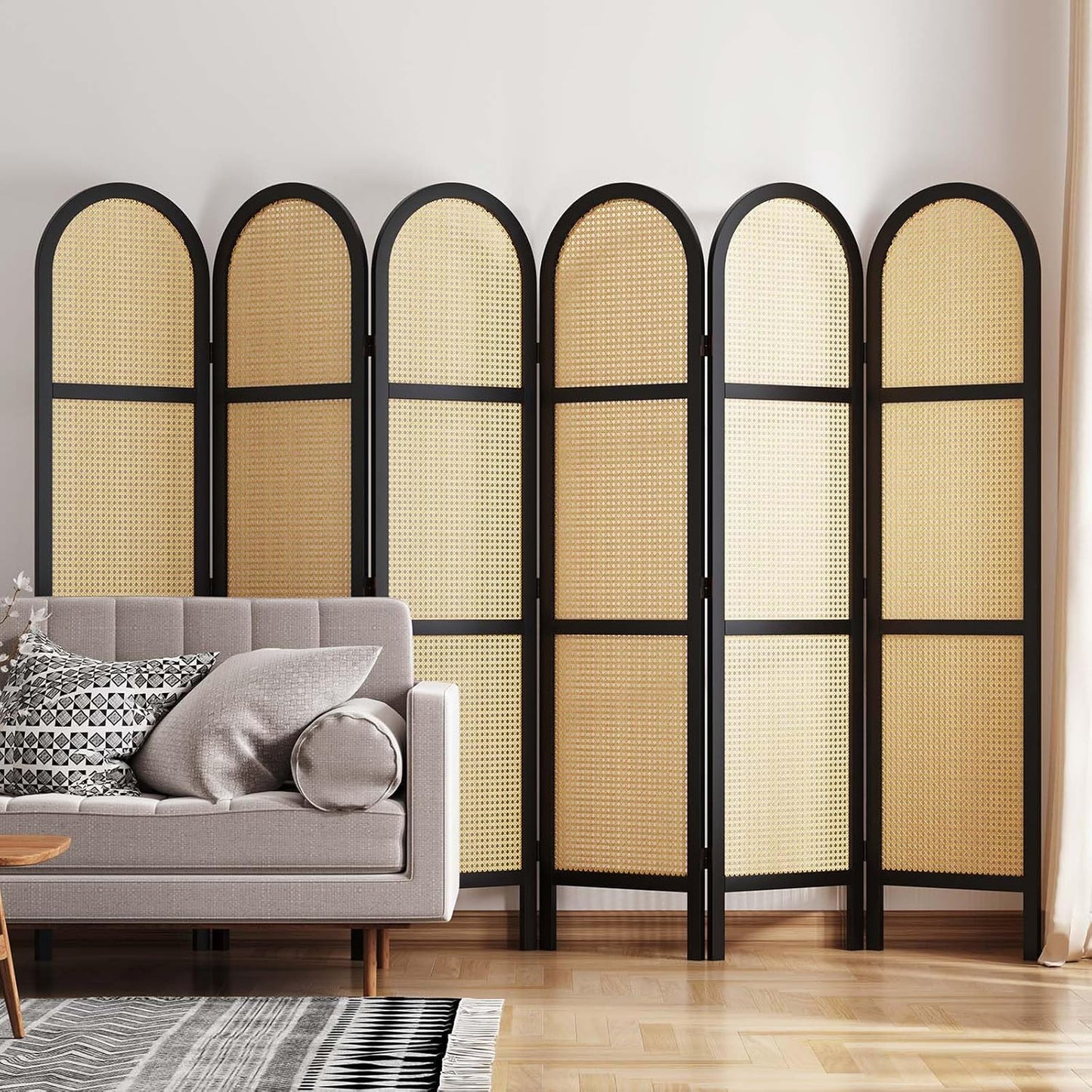 Room Dividers and Folding Privacy Screens, 5.6 Ft Double Hinged Rattan Partition Freestanding Wall Room Divider for Home - 6 Panels (Black)