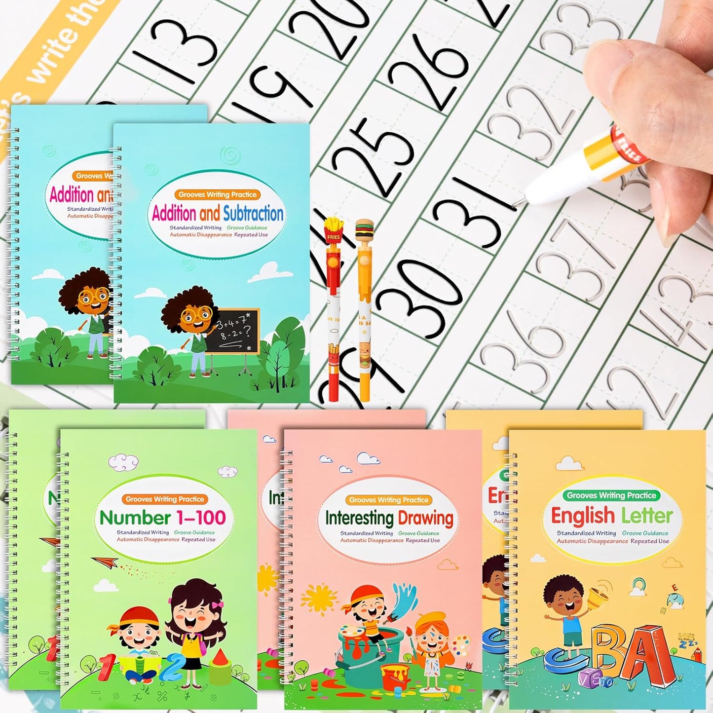Large Size Grooved Writing Books for Kids Age 3-5 6-8, 8 Pack Magic Grooved Writing Practice Copybooks, Handwriting Prastice with Cute Fade-Resistant Pens, Workbooks Number Letter Tracing for Kids